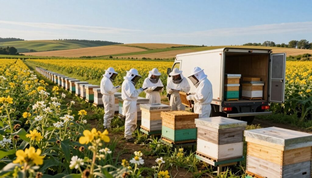 A vibrant agricultural landscape featuring diverse farms with blooming crops and honeybee hives in the foreground. In the middle ground, a professional beekeeping team, dressed in white protective gear, observes their hives while taking notes on a clipboard. An open truck loaded with beekeeping equipment and wooden hive boxes can be seen nearby, ready for transport. The background shows a panoramic view of gently rolling fields under a clear blue sky, emphasizing the importance of pollination for crop success. Golden sunlight bathes the scene, creating a warm and inviting atmosphere that highlights the essential role of commercial pollination services. The composition should be captured from a slightly elevated angle to showcase the interconnectedness of farms and pollination stations, emphasizing organized route planning. A vibrant agricultural landscape featuring diverse farms with blooming crops and honeybee hives in the foreground. In the middle ground, a professional beekeeping team, dressed in white protective gear, observes their hives while taking notes on a clipboard. An open truck loaded with beekeeping equipment and wooden hive boxes can be seen nearby, ready for transport. The background shows a panoramic view of gently rolling fields under a clear blue sky, emphasizing the importance of pollination for crop success. Golden sunlight bathes the scene, creating a warm and inviting atmosphere that highlights the essential role of commercial pollination services. The composition should be captured from a slightly elevated angle to showcase the interconnectedness of farms and pollination stations, emphasizing organized route planning.