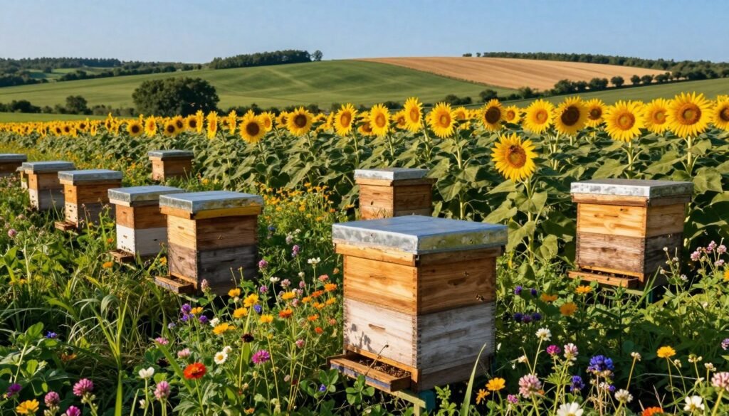 A vibrant agricultural landscape showcasing strategically placed beehives for optimal foraging by bees. In the foreground, several well-maintained wooden beehives with varying heights, surrounded by colorful wildflowers and lush green plants. The middle ground features a diverse array of blooming seed crops like sunflowers and clovers, their petals bright against the backdrop of a clear blue sky. In the background, gently rolling hills extend into the distance, dotted with trees and more agricultural fields. The scene is bathed in warm, golden sunlight, creating an inviting atmosphere. A slight breeze ripples through the flowers, motion captured as bees buzz energetically around the hives, emphasizing the harmonious relationship between the beehives and the vibrant crops they pollinate. The angle is slightly elevated, providing a panoramic view of the strategic placements.