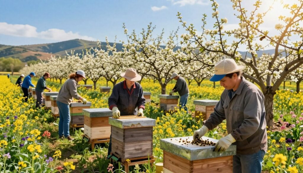 A vibrant agricultural scene illustrating the concept of seasonal labor pollination. In the foreground, a diverse group of individuals in professional work attire are engaged in pollination tasks, showcasing teamwork and precision as they handle beehives and flowers. The middle ground features blooming crops, such as fruit trees and colorful wildflowers, attracting bees, with close-ups of the bees actively pollinating. In the background, rolling hills and a bright blue sky add depth to the landscape, with soft, warm sunlight casting gentle shadows, enhancing the atmosphere of a bright day in early spring. The overall mood should convey diligence and the importance of collaboration in agricultural practices, emphasizing seasonal labor and management.