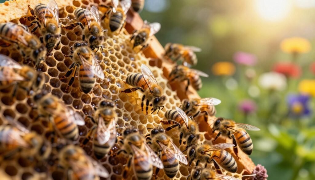 A vibrant and bustling honey bee colony in a natural hive, showcasing intricate details of bees working together. In the foreground, focus on the bees actively tending to honeycomb cells, highlighting their delicate wings and fuzzy bodies. The middle ground captures the honeycomb structure with hexagonal patterns, some with perforated cappings, indicating a healthy hive ready for new growth. In the background, a soft, blurred garden scene with colorful flowers and greenery, softly illuminated by warm, golden sunlight filtering through leaves. The atmosphere is lively yet serene, emphasizing the importance of hive health and the beauty of nature. The image is captured from a low angle to create an intimate perspective, evoking a sense of wonder and appreciation for these essential pollinators.