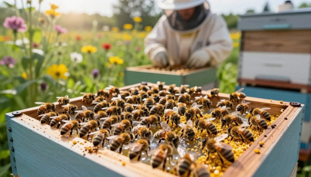 A vibrant and detailed close-up of a bee colony actively engaged in strategic feeding. In the foreground, bees gather around open feeding stations filled with sugar water and pollen patties, showcasing their importance for recovery. The middle ground features a beekeeper in professional attire, gently inspecting the hive, ensuring the bees have enough resources while maintaining a calm and supportive atmosphere. The background consists of lush greenery and blooming flowers, hinting at a thriving ecosystem. Soft morning light filters through the leaves, casting a warm glow over the scene. Capture this moment from a slightly elevated angle to emphasize both the bees' activity and the beekeeper's nurturing role, conveying a sense of hope and renewal in the beekeeping practice.