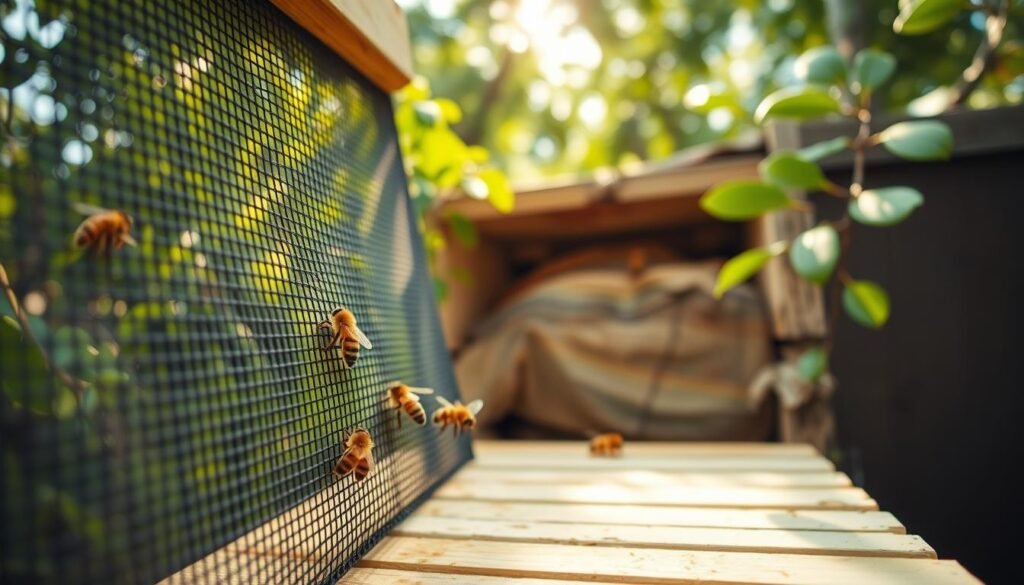 A vibrant and detailed close-up of a troubleshooting entrance screen designed for beehives, depicting various common issues with screen placement. In the foreground, showcase a mesh bee screen with some bees actively hovering around it, signifying the colony's struggles. The middle ground features a beehive, slightly worn, with bees entering and exiting, illustrating movement. The background includes lush green foliage and soft, diffused sunlight filtering through the leaves, creating a warm and inviting atmosphere. Use a shallow depth of field to softly blur the background, keeping focus on the screen and bees. The overall mood should convey a sense of diligence and care in bee management. Emphasize natural colors and textures, ensuring the scene feels organic and educational.