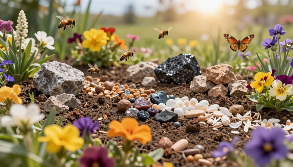 A vibrant and detailed composition of a pollination yard that highlights the integration of minerals and nutrients into the environment. In the foreground, a variety of colorful flowers are in full bloom, while tiny pollinators like bees and butterflies flutter around, drawn to the blossoms. The middle ground features an assortment of mineral-rich soil and small rock formations that radiate different hues, emphasizing their nutrient importance. In the background, a softly blurred sun-drenched landscape creates an inviting atmosphere, with gentle sunlight casting warm tones and enhancing the vibrancy of the scene. Captured in a wide-angle view with natural lighting, the image reflects a serene and productive pollination yard, depicting the harmony between pollinators and essential minerals.