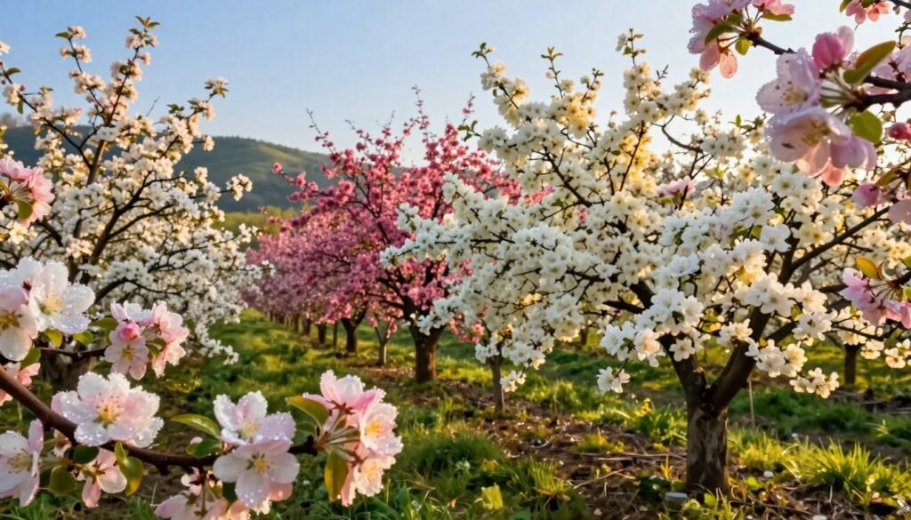 A vibrant and detailed composition of a variety of blooming fruit trees in an orchard, showcasing different bloom stages. In the foreground, clusters of delicate pink and white blossoms emerge, their petals glistening with morning dew. In the middle ground, several fruit trees are blooming with a rich mix of colors, including soft whites, deep pinks, and pale yellows, reflecting diverse species. The background features a gentle rolling landscape with a soft-focus effect, where lush greenery meets a clear blue sky. The lighting is warm and inviting, capturing the golden glow of early morning or late afternoon sun, casting soft shadows and highlighting the intricate details of the flowers. The overall mood is peaceful and nurturing, symbolizing growth and harmony in orchard pollination.