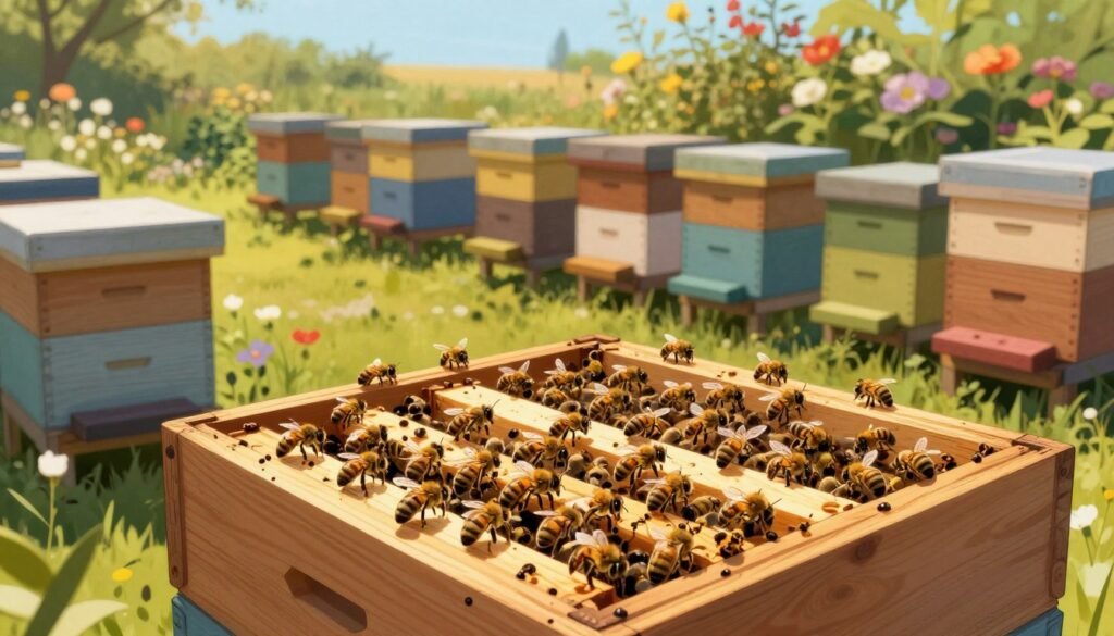 A vibrant and detailed illustration of a hive cluster set in a sunlit apiary. In the foreground, close-up views of several bee colonies within wooden hive boxes, filled with busy bees actively pollinating. The middle ground features a well-organized setup of multiple hives arranged in neat rows, showcasing their standardized configuration. The background includes a lush garden with blooming flowers, enhancing the sense of natural abundance and pollination activity. The scene is bathed in warm, golden light, casting soft shadows that create depth. The atmosphere is industrious yet serene, capturing the harmony of nature and sustainable beekeeping logistics. Use a slight low-angle perspective to emphasize the height of the hives against the sky. The image should be clear and vibrant, with no text or distractions.