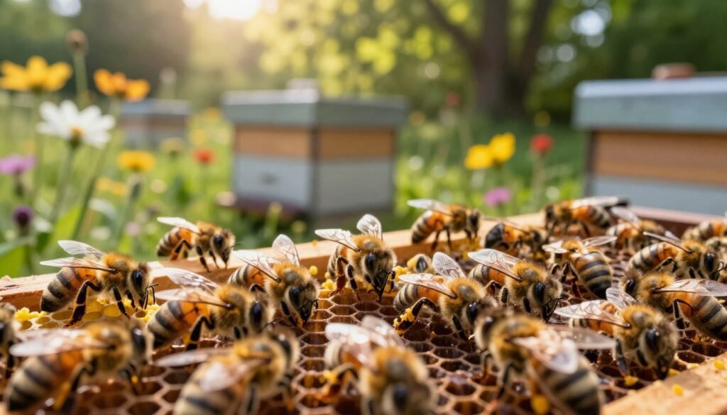 A vibrant and detailed image of a new bee colony bustling with activity, featuring a close-up view of bees working diligently on honeycombs. In the foreground, focus on bees emerging from their hexagonal cells, with some carrying pollen grains. The middle ground showcases a wooden beehive surrounded by colorful wildflowers and greenery, indicating a thriving ecosystem. In the background, sunlight filters through the leaves of nearby trees, casting dappled light on the scene, creating a warm and inviting atmosphere. Capture the bees in soft focus while highlighting their intricate details, such as the delicate wings and fine hairs on their bodies. The overall mood is one of harmony and productivity, reflecting the essence of seasonal management for new bee colonies. A vibrant and detailed image of a new bee colony bustling with activity, featuring a close-up view of bees working diligently on honeycombs. In the foreground, focus on bees emerging from their hexagonal cells, with some carrying pollen grains. The middle ground showcases a wooden beehive surrounded by colorful wildflowers and greenery, indicating a thriving ecosystem. In the background, sunlight filters through the leaves of nearby trees, casting dappled light on the scene, creating a warm and inviting atmosphere. Capture the bees in soft focus while highlighting their intricate details, such as the delicate wings and fine hairs on their bodies. The overall mood is one of harmony and productivity, reflecting the essence of seasonal management for new bee colonies.