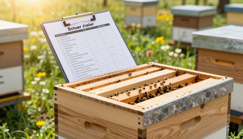 A vibrant and detailed image of a nuc box, designed for transporting bee colonies, positioned prominently in the foreground. The nuc box is made of untreated wood, with ventilation holes, and reveals a glimpse of bees buzzing inside. In the middle ground, a well-organized customer checklist on a clipboard is partially visible, listing steps and items needed for the successful pickup of nucs. The background features a sunny apiary with lush greenery and blooming flowers, casting a warm light that enhances the scene’s atmosphere. The image should be taken from a slightly elevated angle to capture the entire setup, creating an inviting and informative mood, perfect for conveying the logistics of nuc pickup. A vibrant and detailed image of a nuc box, designed for transporting bee colonies, positioned prominently in the foreground. The nuc box is made of untreated wood, with ventilation holes, and reveals a glimpse of bees buzzing inside. In the middle ground, a well-organized customer checklist on a clipboard is partially visible, listing steps and items needed for the successful pickup of nucs. The background features a sunny apiary with lush greenery and blooming flowers, casting a warm light that enhances the scene’s atmosphere. The image should be taken from a slightly elevated angle to capture the entire setup, creating an inviting and informative mood, perfect for conveying the logistics of nuc pickup.