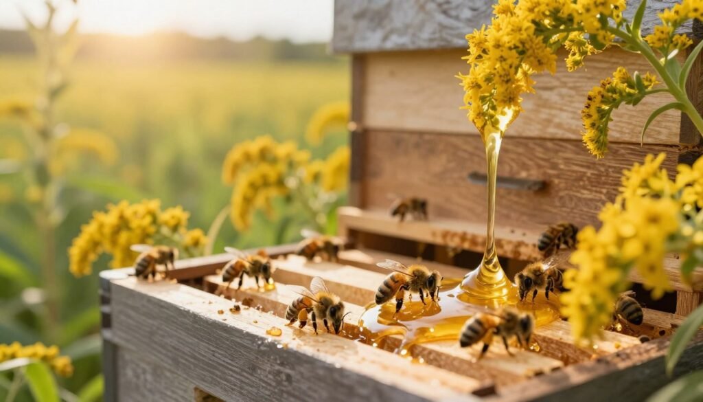 A vibrant and detailed scene depicting a goldenrod nectar hive, emphasizing the gentle flow of honey as it glistens under warm sunlight. In the foreground, include close-up shots of bees gracefully working around the hive, their fuzzy bodies dusted with pollen. In the middle, the hive shows intricate details of its structure, surrounded by fresh goldenrod flowers that provide a sense of warmth and natural beauty. The background features a soft-focus landscape of green fields bathed in golden light, hinting at the surrounding environment. The atmosphere is serene and inviting, evoking a sense of calm and curiosity about the benign odors associated with the hive, with a focus on natural textures and warm, harmonious colors, captured with a soft lens and gentle lighting.