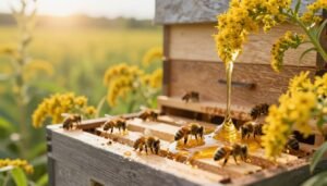 A vibrant and detailed scene depicting a goldenrod nectar hive, emphasizing the gentle flow of honey as it glistens under