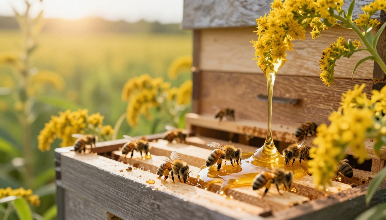 A vibrant and detailed scene depicting a goldenrod nectar hive, emphasizing the gentle flow of honey as it glistens under