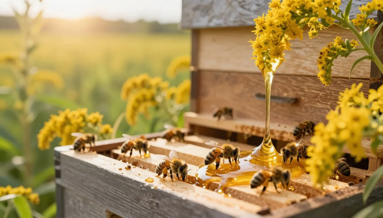 A vibrant and detailed scene depicting a goldenrod nectar hive, emphasizing the gentle flow of honey as it glistens under