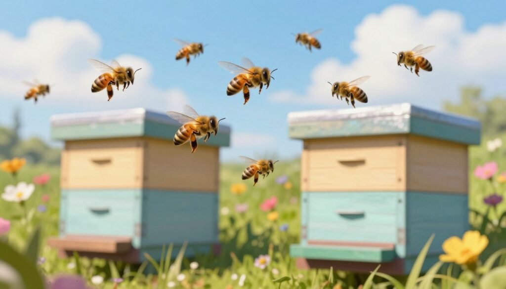 A vibrant and detailed scene depicting a group of bees engaged in orientation flights above two adjacent bee nucs in an outdoor setting. In the foreground, the bees are shown in motion, their delicate wings shimmering with sunlight as they navigate between the two hive boxes. The middle ground features the two nucs, painted in gentle pastels, surrounded by colorful wildflowers and lush green grass. In the background, a clear blue sky with fluffy white clouds enhances the sense of movement and vitality. The lighting is soft and warm, evoking a serene yet lively atmosphere, ideal for illustrating the dynamic behavior of bees. The composition should focus on capturing the essence of bees drifting between the hives without any distractions or text.