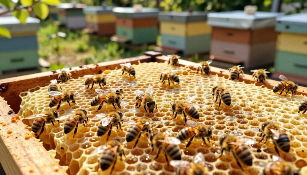 A vibrant and detailed scene inside a bustling bee hive, focusing on the presence of laying worker bees. In the foreground, depict several worker bees surrounded by honeycomb cells filled with eggs, larvae, and pupae, highlighting the irregularity of the queenless hive. The middle ground shows a cross-section of the hive with more honeycomb structures, some cells capped, illustrating the activity of bees trying to establish their colony. In the background, the hives are situated in a sunlit garden, with sunlight filtering through leaves, creating a warm, inviting atmosphere. The lighting is soft and natural, emphasizing the golden hues of honey and beeswax. Capture this scene from a slight angle to enhance depth, making it feel immersive and alive.