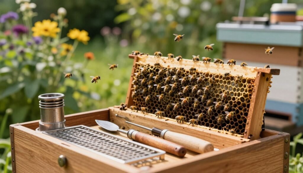 A vibrant and detailed scene showcasing essential beekeeping tools for queen replacement in a backyard setting. In the foreground, a wooden beekeeping toolbox is open, displaying a selection of tools such as a queen excluder, a smoker, and a hive tool, all arranged meticulously. The middle ground features a healthy bee colony in a well-maintained hive, with bees actively flying around. In the background, a lush, green garden is visible, filled with flowering plants that attract bees, under a soft, warm sunlight. The atmosphere is calm and focused, capturing the serene yet purposeful world of beekeeping. The scene should be framed at eye level for an intimate perspective, emphasizing the details of the tools and the activity of the bees.