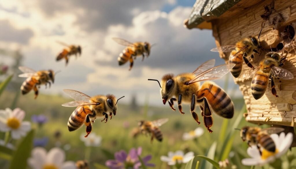 A vibrant and dynamic scene illustrating the concept of "queen hive weather" during mating flights. In the foreground, a vivid depiction of a virgin queen bee surrounded by a few worker bees, all captured in intricate detail. In the middle, a backdrop of a lush garden with blooming flowers, symbolizing ideal flight conditions. The atmosphere is lively with subtle movements of bees taking off and returning to the hive, suggesting the urgency of their task. The background features a dramatic sky with fluffy clouds, hinting at changing weather patterns. Soft golden light filters through, creating a warm, inviting scene. The overall mood is one of anticipation and activity, emphasizing the crucial impact of weather on the success of the bees' flights.