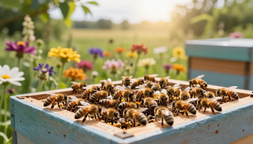 A vibrant and healthy bee colony bustling around a well-maintained hive surrounded by lush flowering plants and diverse greenery, showcasing a wide variety of nectar sources. In the foreground, bees are actively foraging and pollinating, with clear details of their delicate wings and body structure. The middle ground features a colorful array of flora, symbolizing nutrition, with flowers in full bloom, providing an inviting atmosphere. The background depicts a calm, sunlit landscape with soft sunlight filtering through leaves, creating an uplifting mood. Use warm, natural lighting to emphasize the vibrant colors of the bees and flowers, capturing the essence of resilience and health in a bee colony. The image should maintain a peaceful, harmonious vibe that underscores the importance of nutrition for colony well-being.