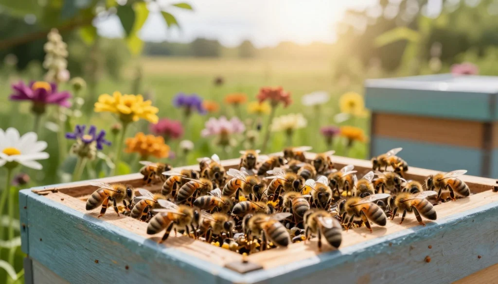 A vibrant and healthy bee colony bustling around a well-maintained hive surrounded by lush flowering plants and diverse