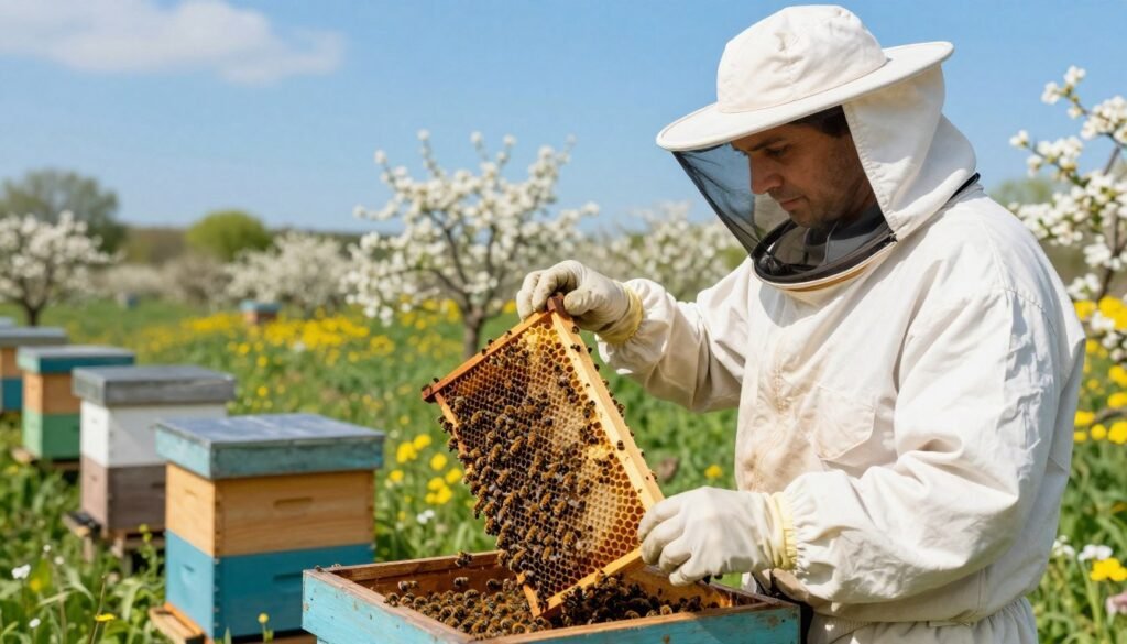 A vibrant and informative scene illustrating best management practices for bee colony health. In the foreground, a professional beekeeper dressed in a protective suit carefully inspects a honeycomb frame, emphasizing attention to detail. The middle ground features healthy bees actively working on their hive, highlighting signs of a thriving colony. In the background, a serene landscape of blooming flowers and greenery symbolizes a natural, healthy environment, while a bright blue sky enhances the overall positivity. Soft, natural lighting emphasizes the clarity and vibrancy of the scene, creating an inviting atmosphere. The image conveys a sense of care and responsibility towards bee welfare, promoting awareness and good practices in beekeeping.