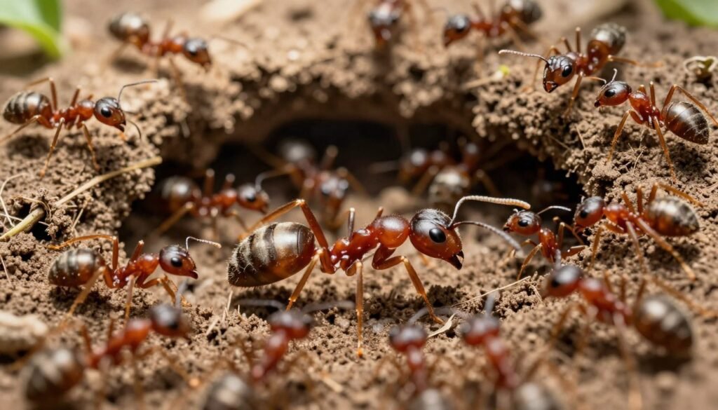 A vibrant and intricate scene depicting a queen ant in a survival colony. In the foreground, the queen ant, larger than the worker ants, is surrounded by a busy group of workers caring for her and the brood. In the middle ground, nests made of soil and plant material create a realistic underground environment, with small tunnels visible. The background features subtle hints of sunlight streaming through the soil, illuminating the colony and casting soft shadows. The mood is industrious and warm, highlighting the teamwork and resilience of the colony. The lighting should evoke a sense of safety and community, with a focus on the queen ant as the central figure in this dynamic ecosystem.