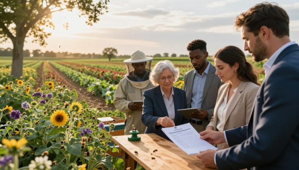 A vibrant and intricate scene showcasing the symbiotic relationship between agricultural growers and beekeepers within a legal context. In the foreground, a diverse group of professionals dressed in smart casual attire examines a detailed contract on a wooden table placed in an open field. Bees buzz around flowering crops in the middle ground, highlighting the importance of pollination. Soft sunlight filters through the trees, casting a warm glow on the scene. In the background, rows of various crops stretch into the distance, with a serene sky above them. The atmosphere emphasizes collaboration and the responsible coexistence within agricultural practices, illustrating the legal foundations that support these vital services. The image conveys a sense of harmony and purpose.