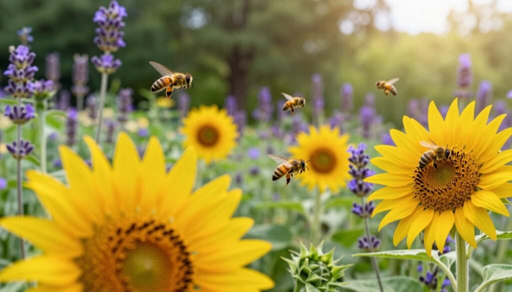 A vibrant and lively scene in a sunny pollination yard, showcasing several busy bees hovering over a variety of colorful blooming flowers such as sunflowers, lavender, and wildflowers. In the foreground, a close-up captures the intricate details of bees collecting pollen, their fuzzy bodies contrasting vividly against the bright petals of the flowers. The middle ground features a diverse range of plants, creating a lush and inviting atmosphere for pollinators. In the background, softly blurred greenery and trees hint at a natural habitat, with sunlight filtering through leaves, casting a warm glow over the scene. The angle should be slightly elevated to provide a comprehensive view, highlighting the harmonious relationship between bees and plants in an energetic yet peaceful setting.