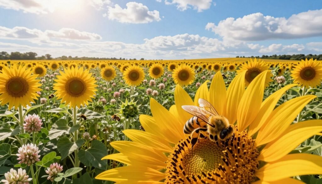 A vibrant and lush farm scene showcasing a variety of flowering crops, including sunflowers and clover, teeming with busy pollinators like bees and butterflies. In the foreground, a close-up view of a honeybee collecting nectar from a bright sunflower, with intricate details of its wings and body. The middle ground features expansive fields filled with crops in various stages of bloom, bathed in warm, golden sunlight that casts a gentle glow over the landscape. In the background, a clear blue sky dotted with fluffy white clouds, enhancing the peaceful and productive atmosphere. The overall mood is one of harmony and abundance, emphasizing the vital role of pollinators in boosting farm productivity. The image is shot from a slightly elevated angle to capture the full beauty of the scene, with a soft focus to highlight the foreground details.