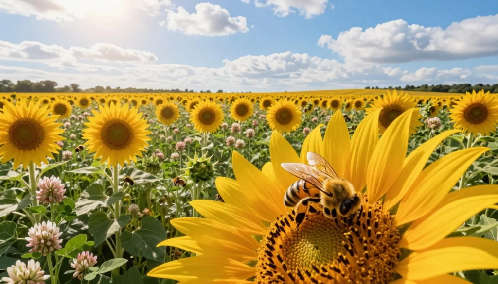 A vibrant and lush farm scene showcasing a variety of flowering crops, including sunflowers and clover, teeming with busy