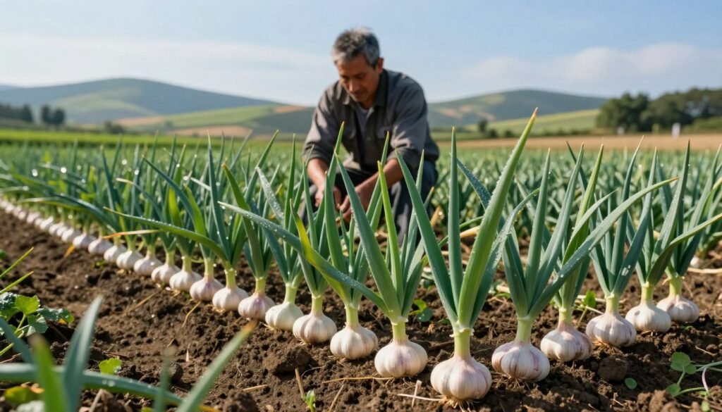 A vibrant and lush garlic farm in the foreground, showcasing healthy, abundant garlic plants with white bulbs peeking out of the rich, dark soil. In the middle ground, a small-scale farmer, dressed in modest, practical clothing, is carefully tending to the garlic, demonstrating the hands-on nature of crop cultivation. The background features a scenic countryside with rolling hills under a clear blue sky, illuminated by soft sunlight, creating a warm and inviting atmosphere. The lens should capture the details of the garlic leaves glistening with dew, while the overall composition focuses on the farmer’s dedication and the potential for profitable small-scale agriculture. The mood is hopeful and productive, emphasizing sustainability and income potential.