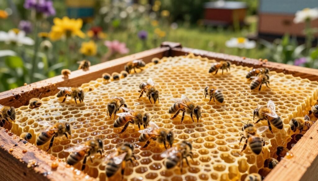 A vibrant and meticulously arranged healthy brood pattern inside a beehive, showcasing well-defined hexagonal cells filled with golden honey and bee larvae at various stages of development. In the foreground, a close-up view of worker bees tending to the brood, their bodies glistening under soft, natural sunlight filtering through the hive. In the middle ground, a section of the hive is visible, revealing the rich, dark wood texture, along with fresh beeswax and the gentle curvature of the honeycomb. The background features a blurred garden filled with blooming flowers and greenery, enhancing the sense of a thriving ecosystem. The lighting is warm and inviting, creating an optimistic atmosphere that emphasizes the importance of hive health and regular inspections.
