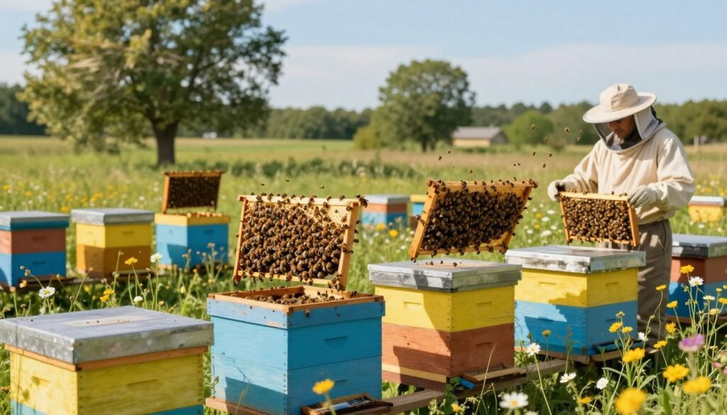 A vibrant apiary in a lush, sunlit meadow, showcasing the long-term growth of bee colonies. In the foreground, a variety of beehives, some painted bright colors, are surrounded by blooming wildflowers and buzzing bees. In the middle ground, several healthy, flourishing hives display mature colonies, with bees actively coming and going, reflecting a thriving ecosystem. The background features a soft focus of trees gently swaying in a light breeze under a clear blue sky, adding depth. The lighting is warm and golden, capturing the essence of a sunny afternoon. A knowledgeable beekeeper dressed in professional attire examines one of the hives, contributing to the atmosphere of growth and sustainability. The overall mood is serene and optimistic, embodying the principles of careful and successful apiary expansion.