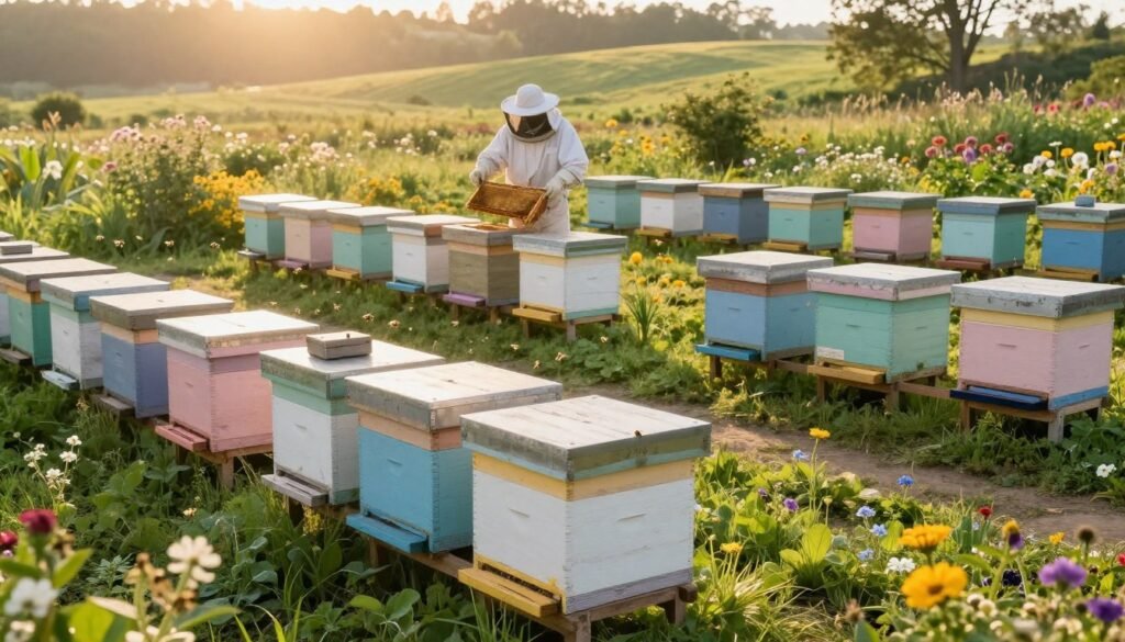 A vibrant apiary scene at sunrise, showcasing a meticulously organized layout of beehives spaced strategically apart to minimize pest and disease risks. In the foreground, several wooden hives painted in soft pastels are arranged on a well-maintained grassy area, with pathways between them for easy access. Bees can be seen busily flying around, while healthy plants and flowers bloom nearby, contributing to a rich ecosystem. In the middle ground, an expert beekeeper in professional attire inspects the hives, ensuring biosecurity measures are observed. The background features a gentle rolling landscape with hints of wildflowers and distant trees bathed in warm golden light. The atmosphere is calm, evoking a sense of order and harmony in nature, with soft shadows adding depth to the scene. A vibrant apiary scene at sunrise, showcasing a meticulously organized layout of beehives spaced strategically apart to minimize pest and disease risks. In the foreground, several wooden hives painted in soft pastels are arranged on a well-maintained grassy area, with pathways between them for easy access. Bees can be seen busily flying around, while healthy plants and flowers bloom nearby, contributing to a rich ecosystem. In the middle ground, an expert beekeeper in professional attire inspects the hives, ensuring biosecurity measures are observed. The background features a gentle rolling landscape with hints of wildflowers and distant trees bathed in warm golden light. The atmosphere is calm, evoking a sense of order and harmony in nature, with soft shadows adding depth to the scene.