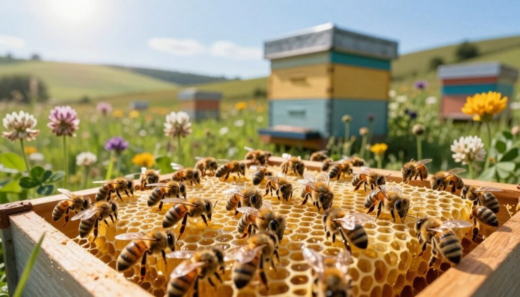 A vibrant apiary scene focused on a honeybee colony, showcasing bees busily foraging and pollinating various flowers. In the foreground, golden honeycombs glisten under soft sunlight, reflecting the intricate designs of the bee cells. The middle ground features a well-maintained beehive, adorned with a variety of plants, including clover and wildflowers, emphasizing the importance of nutrition for the colony. In the background, a serene landscape reveals rolling hills under a clear blue sky, with gentle sunlight streaming in, creating a warm, inviting atmosphere. The mood is one of vitality and harmony, highlighting the balance between the bees and their natural environment. The composition should be captured with a slightly elevated angle, emphasizing the interdependent relationship between the bees and their surroundings, with soft focus on the outer edges to draw attention to the colony. A vibrant apiary scene focused on a honeybee colony, showcasing bees busily foraging and pollinating various flowers. In the foreground, golden honeycombs glisten under soft sunlight, reflecting the intricate designs of the bee cells. The middle ground features a well-maintained beehive, adorned with a variety of plants, including clover and wildflowers, emphasizing the importance of nutrition for the colony. In the background, a serene landscape reveals rolling hills under a clear blue sky, with gentle sunlight streaming in, creating a warm, inviting atmosphere. The mood is one of vitality and harmony, highlighting the balance between the bees and their natural environment. The composition should be captured with a slightly elevated angle, emphasizing the interdependent relationship between the bees and their surroundings, with soft focus on the outer edges to draw attention to the colony.