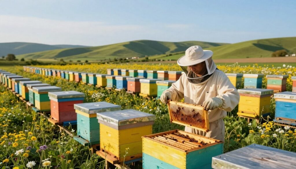 A vibrant apiary scene showcasing a diverse array of beehives at various stages of production. In the foreground, a skilled beekeeper, dressed in professional attire, is examining a frame filled with honeycomb, demonstrating precision and care. The middle ground features rows of thriving beehives, painted in bright colors, surrounded by blooming wildflowers, symbolizing a productive environment. In the background, a panoramic view of rolling green hills under a clear blue sky adds depth to the scene. Soft, golden sunlight bathes the entire landscape, creating a warm and inviting atmosphere. Capture this image from a slightly elevated angle to emphasize the scale and organization of the apiary, reflecting growth and sustainability in bee production. A vibrant apiary scene showcasing a diverse array of beehives at various stages of production. In the foreground, a skilled beekeeper, dressed in professional attire, is examining a frame filled with honeycomb, demonstrating precision and care. The middle ground features rows of thriving beehives, painted in bright colors, surrounded by blooming wildflowers, symbolizing a productive environment. In the background, a panoramic view of rolling green hills under a clear blue sky adds depth to the scene. Soft, golden sunlight bathes the entire landscape, creating a warm and inviting atmosphere. Capture this image from a slightly elevated angle to emphasize the scale and organization of the apiary, reflecting growth and sustainability in bee production.