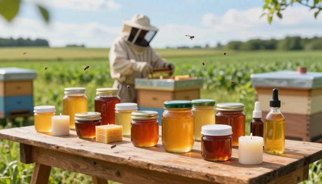A vibrant apiary scene showcasing a variety of hive products organized on a rustic wooden table in the foreground. Display artisanal jars of honey with different colors and textures, beeswax candles, and propolis tinctures. In the middle ground, include a traditional beekeeping suit-clad beekeeper inspecting a hive, with bees buzzing around, emphasizing the connection between the beekeeper and the products. In the background, lush green fields under a bright blue sky convey a warm, inviting atmosphere, highlighting the natural setting of the apiary. Soft, diffused sunlight casts gentle shadows, creating a serene and productive mood. The perspective is from a slightly elevated angle, allowing a full view of the scene's layered depth and detail. A vibrant apiary scene showcasing a variety of hive products organized on a rustic wooden table in the foreground. Display artisanal jars of honey with different colors and textures, beeswax candles, and propolis tinctures. In the middle ground, include a traditional beekeeping suit-clad beekeeper inspecting a hive, with bees buzzing around, emphasizing the connection between the beekeeper and the products. In the background, lush green fields under a bright blue sky convey a warm, inviting atmosphere, highlighting the natural setting of the apiary. Soft, diffused sunlight casts gentle shadows, creating a serene and productive mood. The perspective is from a slightly elevated angle, allowing a full view of the scene's layered depth and detail.