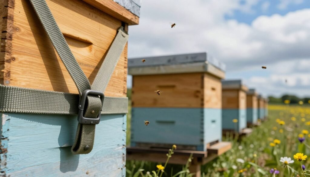 A vibrant apiary scene showcasing sturdy ratchet straps securing beehive equipment against strong winds. In the foreground, a close-up view of a heavy-duty ratchet strap firmly anchoring a wooden beehive, with intricate details of the buckle and strap texture visible. The middle ground features several hives, slightly swaying under the pressure of the wind, with bees buzzing around. The background displays a blurred field of wildflowers, with a soft blue sky and fluffy white clouds, highlighting the dynamic weather. The lighting is bright but slightly overcast, casting soft shadows that add depth. The mood is focused and determined, reflecting the importance of protecting the equipment from tension damage.