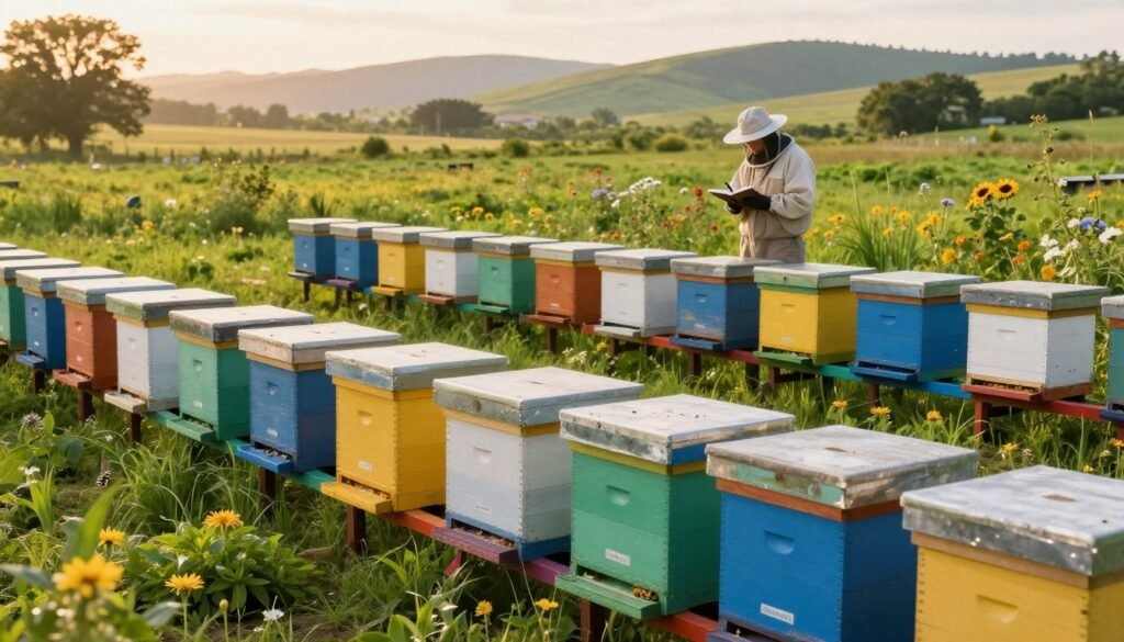 A vibrant apiary scene showcasing visual strategies for effective hive organization. In the foreground, neatly arranged beehives painted in diverse colors, with subtle labels indicating different nucs, connected by colorful pathways to help guide bees. The middle-ground features lush green grass, dotted with flowering plants attracting pollinators, and a beekeeper in professional attire, carefully observing the hives, using a notebook to document observations. In the background, a serene landscape with rolling hills under a soft, golden sunlight, creating a warm and inviting mood. The scene is captured from a slightly elevated angle to provide depth, with a focus on clarity and detail, emphasizing the organization and harmony of the apiary environment.