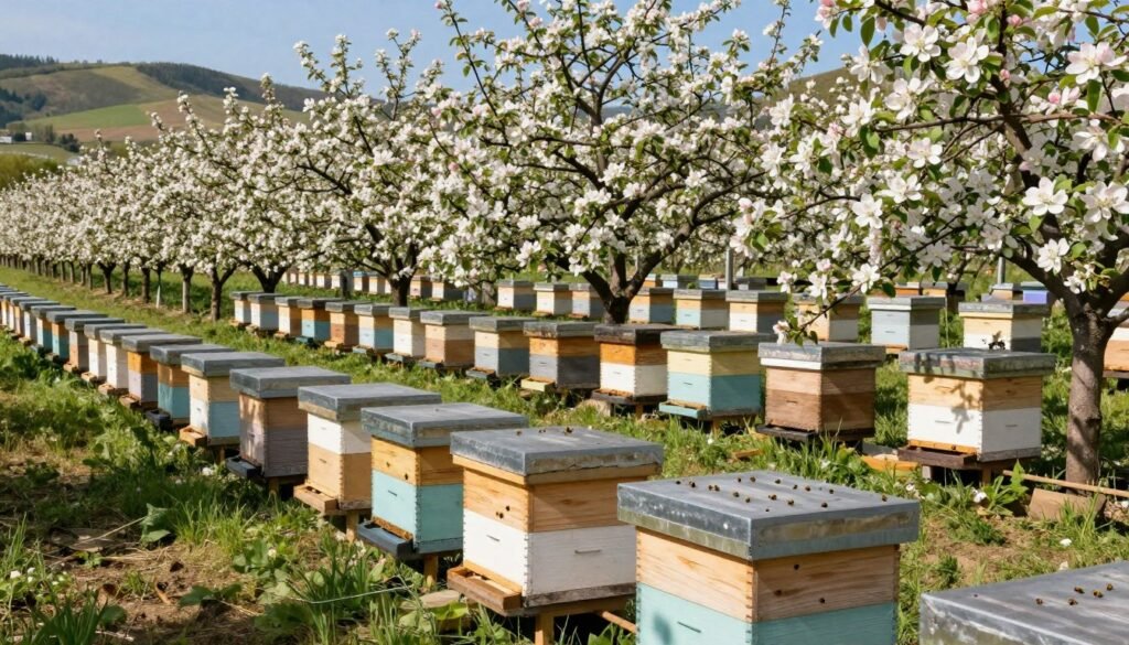 A vibrant apple orchard during peak bloom, showcasing strategic grouping of beehives designed for optimal pollination. In the foreground, several neatly arranged wooden hives in various pastel colors, adorned with bees busily coming and going. The middle ground features rows of apple trees, their branches heavy with delicate white and pink blossoms, creating a lush, fragrant atmosphere. In the background, gentle rolling hills under a clear blue sky, with sunlight filtering through the leaves, casting soft shadows on the ground. The angle is slightly elevated, providing a comprehensive view of the hives and trees, emphasizing harmony between nature and the strategically placed hives. The mood is serene and productive, capturing the essence of effective pollination strategies in an apple orchard. A vibrant apple orchard during peak bloom, showcasing strategic grouping of beehives designed for optimal pollination. In the foreground, several neatly arranged wooden hives in various pastel colors, adorned with bees busily coming and going. The middle ground features rows of apple trees, their branches heavy with delicate white and pink blossoms, creating a lush, fragrant atmosphere. In the background, gentle rolling hills under a clear blue sky, with sunlight filtering through the leaves, casting soft shadows on the ground. The angle is slightly elevated, providing a comprehensive view of the hives and trees, emphasizing harmony between nature and the strategically placed hives. The mood is serene and productive, capturing the essence of effective pollination strategies in an apple orchard.