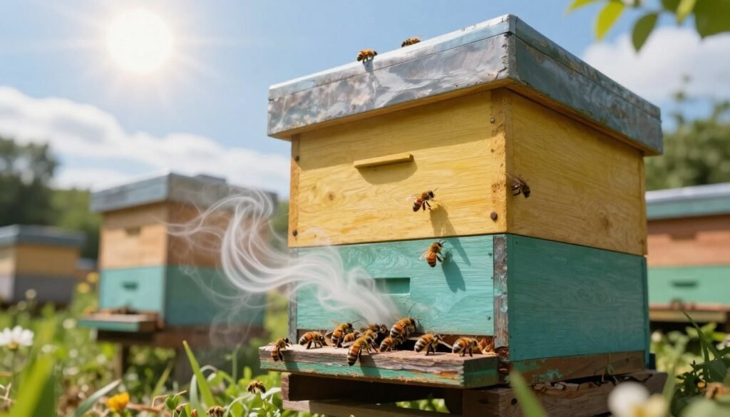 A vibrant bee hive situated in a lush garden, showcasing the intricate design and structure of the hive. In the foreground, detail the hive's entrance with bees actively entering and exiting, emphasizing their role in the ventilation process. In the middle, depict a gentle flow of fresh air, represented visually as soft, swirling currents surrounding the hive, indicating the importance of air circulation for the thymol treatment. In the background, a clear blue sky and sun shining through scattered clouds, creating a warm, inviting atmosphere. Use soft, natural lighting to highlight the bee's activities. Capture the image from a slightly elevated angle, offering a clear view of the hive and the surrounding environment, invoking a sense of harmony between nature, bees, and the concept of proper ventilation.
