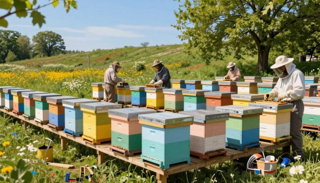 A vibrant bee yard infrastructure scene featuring organized rows of wooden beehives, painted in cheerful pastel colors, under a bright blue sky. In the foreground, a sturdy wooden platform supports the hives, with well-arranged equipment like hive tools and protective gear neatly displayed. In the middle, several beekeepers, dressed in professional business attire, are inspecting hives, showcasing careful practices for migratory staging. The background showcases a lush landscape with blooming wildflowers and a gentle slope leading to a tranquil grove of trees, enhancing the natural habitat. Soft sunlight filters through the leaves, creating a warm and inviting atmosphere, highlighting the importance of meticulous organization and care in staging bee yard sites. The scene is captured from a slightly elevated angle, providing a comprehensive view of the bee yard's layout and infrastructure.