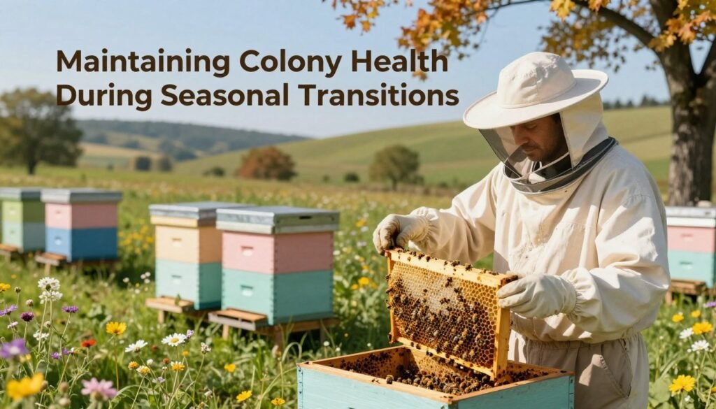 A vibrant bee yard scene illustrating the concept of "Maintaining Colony Health During Seasonal Transitions." In the foreground, a beekeeper in professional attire is gently inspecting a honeycomb frame, showcasing healthy bees and brood. The middle ground features several well-maintained beehives, painted in soft pastel colors, surrounded by blooming wildflowers and lush green grass. In the background, rolling hills under a clear blue sky hint at seasonal changes, with autumn leaves subtly beginning to show. Soft, warm sunlight filters through the trees, casting gentle shadows and creating a tranquil atmosphere. The image conveys care, attention, and natural beauty, emphasizing the importance of environmental factors in bee health.
