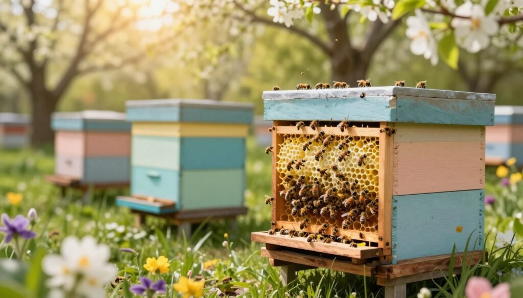 A vibrant beehive bustling with activity, set in a lush green garden during the peak of spring. In the foreground, bees are energetically drawing out wax foundation, showcasing their intricate work. The middle ground features a well-maintained wooden hive, painted in soft pastel colors, surrounded by blooming flowers and flowering plants, providing ample forage. In the background, trees are lightly swaying under a warm golden sunlight, creating a soft dappled light effect. The scene conveys a sense of growth and the flourishing life of bees during seasonal expansion. A gentle breeze rustles the leaves, enhancing the dynamic feel of the moment. Use a shallow depth of field to focus on the hive and bees, while softly blurring the background for depth. The mood is lively, optimistic, and beautifully harmonious.