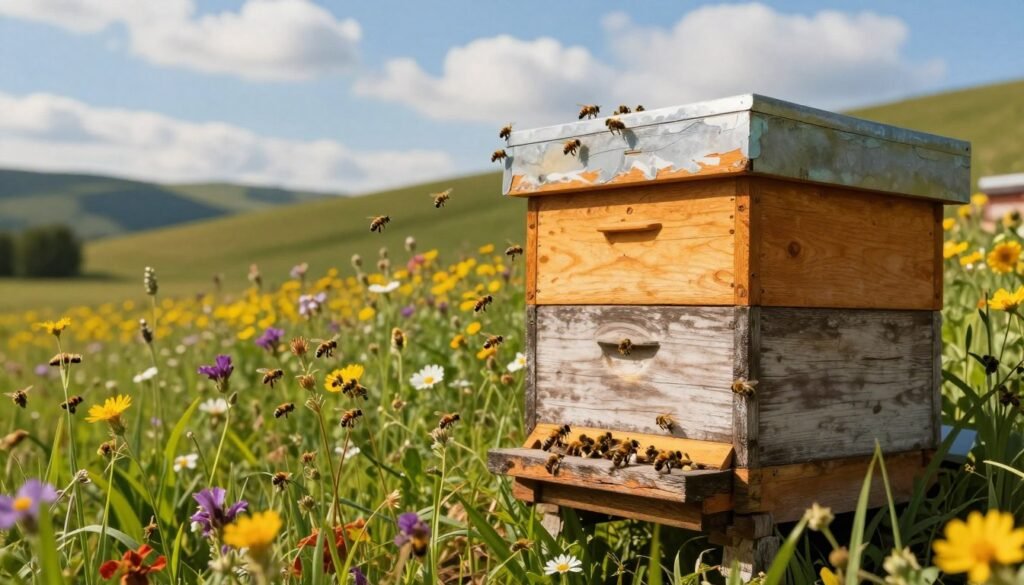 A vibrant beehive nestled in a lush meadow, showcasing its natural surroundings. In the foreground, the hive is made of weathered wood, with busy bees actively flying in and out. The middle ground features flowering plants and bright wildflowers attracting the bees, representing the importance of a rich environment for pollination. In the background, soft hills roll gently towards a blue sky, dappled with fluffy white clouds, casting a warm golden light over the scene. The mood is serene and productive, evoking harmony and the significance of a well-chosen hive location for thriving bee populations. The image is captured with a slightly elevated angle, providing a clear view of the hive and its vibrant setting, enhanced by a warm, inviting color palette.