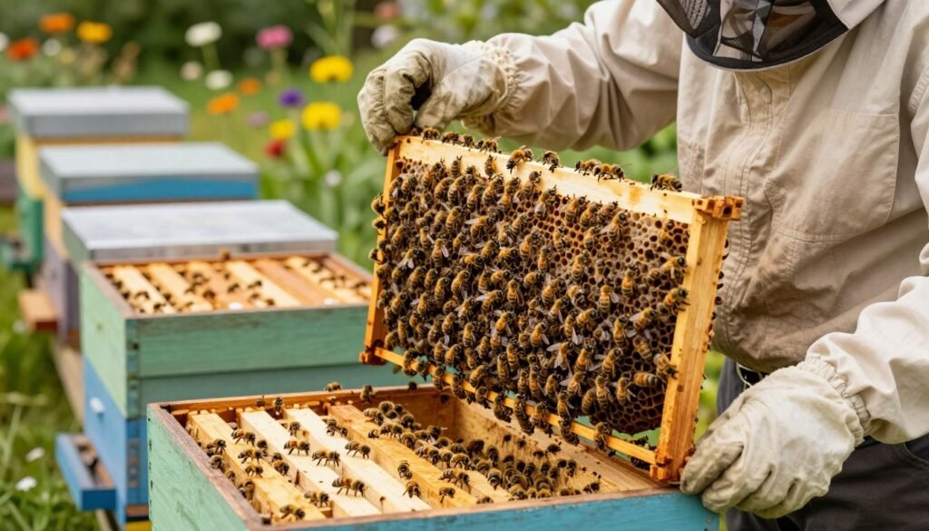 A vibrant beehive scene illustrating the concept of preventing overcrowding and swarming among bees. In the foreground, a beekeeper in modest casual clothing inspects a frame filled with busy bees, showing careful attention to spacing. The middle ground features multiple well-organized frames within a hive, each populated with bees displaying healthy activity, providing a sense of order. In the background, a lush garden blooms with flowers, hinting at a pollinator-friendly environment. Soft, natural sunlight filters through, creating a warm, inviting atmosphere, while the focus remains sharp on the beekeeper and the frames. The overall mood is one of diligence and harmony, emphasizing the importance of managing bee populations effectively.