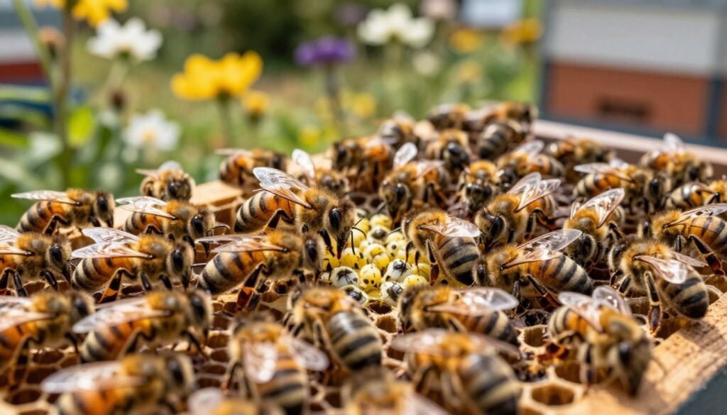 A vibrant beehive scene showcasing both healthy and struggling bee colonies. In the foreground, a close-up of busy worker bees surrounding a newly introduced queen, depicted with a distinct golden hue to emphasize her importance. In the middle ground, compare lively bees engaging in nurse behaviors towards brood cells filled with healthy larvae versus a cluster of bees exhibiting signs of stress and decline, with duller colors and erratic behavior. The background features a blurred yet serene garden filled with blooming flowers, representing the external environment's positive influence. Soft, natural sunlight filters through the leaves, casting gentle shadows that enhance the mood of vitality and transformation. The overall atmosphere is one of life, resilience, and the profound impact of requeening on colony health. Use a slightly angled perspective to provide depth and focus on the contrast between the two states of the colonies.