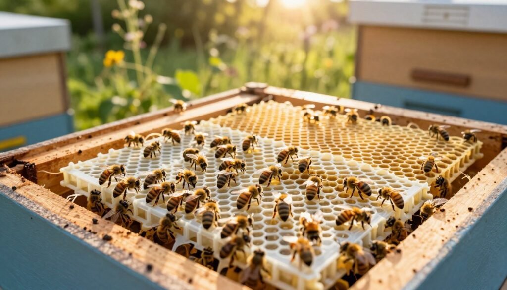 A vibrant beekeeping scene featuring a close-up view of a plastic foundation frame placed within an active beehive. In the foreground, honeybees are diligently working on drawing out the plastic foundation, showcasing their intricate movements and cooperative behavior. The middle ground includes several frames filled with hexagonally arranged plastic cells, some freshly drawn and others still in the process of being built out. The background depicts a sunny backyard apiculture setting, with blurred green foliage and wildflowers filtering sunlight, creating a warm, inviting atmosphere. The image captures the essence of natural cooperation and the innovative use of plastic in beekeeping. The lighting is soft and golden, reminiscent of a late afternoon sun, emphasizing the activity and life within the hive from a slightly elevated angle to enhance the perspective.