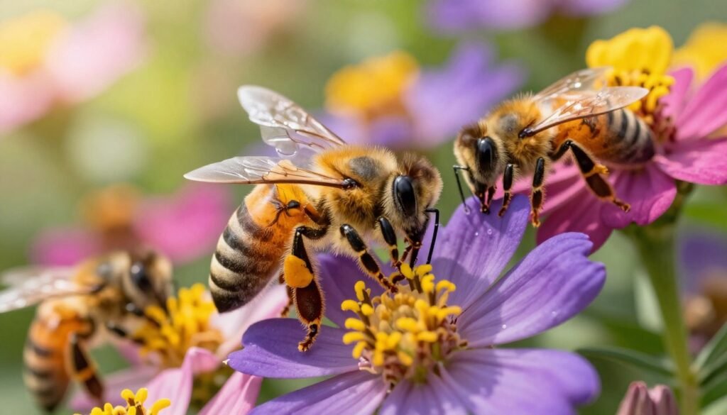 A vibrant close-up of a busy bee foraging among colorful wildflowers in a sunlit garden, showcasing the intricate details of the bee’s body and delicate wings. In the foreground, several bees can be seen actively collecting pollen, their fuzzy bodies dotted with bright yellow grains. The middle ground features a variety of blooming flowers, with rich hues of purple, pink, and yellow, creating a lively atmosphere filled with movement and energy. The background includes soft green foliage, slightly blurred to enhance the depth of field, with warm sunlight filtering through, casting a gentle glow across the scene. The overall mood conveys a sense of harmony in nature, focusing on the critical role of bees in pollination and their importance in the ecosystem. A vibrant close-up of a busy bee foraging among colorful wildflowers in a sunlit garden, showcasing the intricate details of the bee’s body and delicate wings. In the foreground, several bees can be seen actively collecting pollen, their fuzzy bodies dotted with bright yellow grains. The middle ground features a variety of blooming flowers, with rich hues of purple, pink, and yellow, creating a lively atmosphere filled with movement and energy. The background includes soft green foliage, slightly blurred to enhance the depth of field, with warm sunlight filtering through, casting a gentle glow across the scene. The overall mood conveys a sense of harmony in nature, focusing on the critical role of bees in pollination and their importance in the ecosystem.