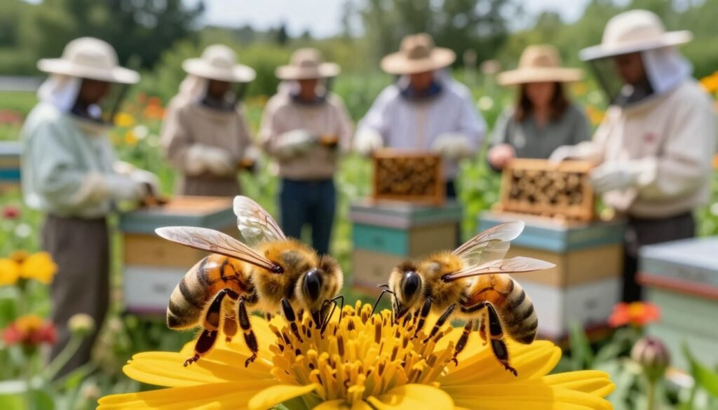 A vibrant close-up of a busy beehive in a community garden setting, with bees actively pollinating bright flowers in the foreground, showcasing their delicate wings and rich, golden bodies. In the middle ground, a diverse group of local beekeepers dressed in professional attire, including light-colored shirts and sun hats, are collaborating over hives, discussing bee care and mite management strategies. The background features lush greenery and colorful blooms, with soft sunlight filtering through the leaves, creating a warm and inviting atmosphere. The scene conveys a sense of community and collaboration, emphasizing the importance of working together in beekeeping. The focus is sharp on the bees and beekeepers, with a slight bokeh effect to enhance the depth. A vibrant close-up of a busy beehive in a community garden setting, with bees actively pollinating bright flowers in the foreground, showcasing their delicate wings and rich, golden bodies. In the middle ground, a diverse group of local beekeepers dressed in professional attire, including light-colored shirts and sun hats, are collaborating over hives, discussing bee care and mite management strategies. The background features lush greenery and colorful blooms, with soft sunlight filtering through the leaves, creating a warm and inviting atmosphere. The scene conveys a sense of community and collaboration, emphasizing the importance of working together in beekeeping. The focus is sharp on the bees and beekeepers, with a slight bokeh effect to enhance the depth.