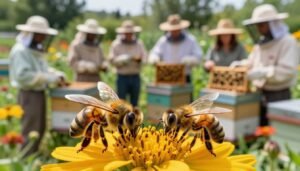 A vibrant close-up of a busy beehive in a community garden setting, with bees actively pollinating bright flowers in the