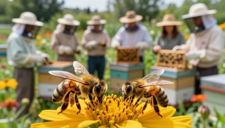 A vibrant close-up of a busy beehive in a community garden setting, with bees actively pollinating bright flowers in the