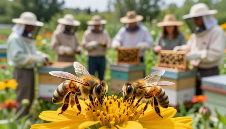 A vibrant close-up of a busy beehive in a community garden setting, with bees actively pollinating bright flowers in the